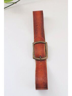 Vintage Brown Leather Belt With Brass Buckle Antique Bronze Star Pattern S M